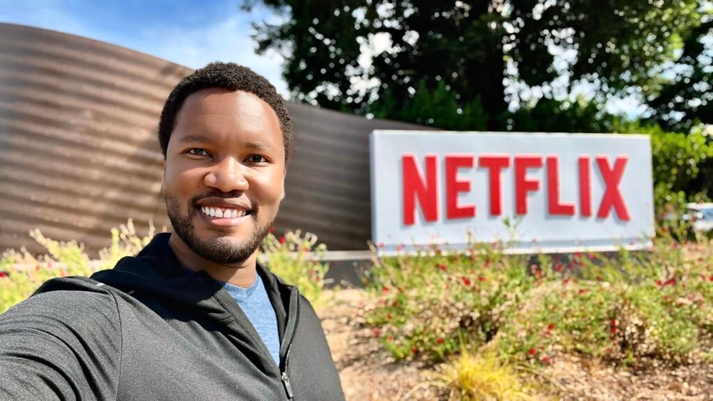 A self portrait of Mandlenkosi Vana outside the Netflix headquarters whilst on his mindful travel adventure to the USA